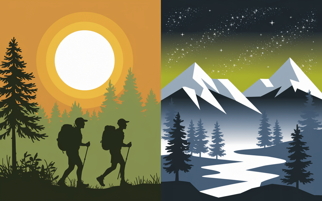 Paysage divisé été et hiver aux îles Lofoten avec soleil de minuit et aurores boréales