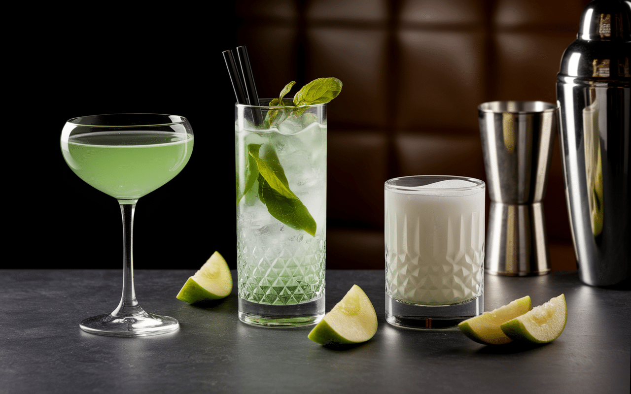 trois cocktails manzana avec décor pomme verte