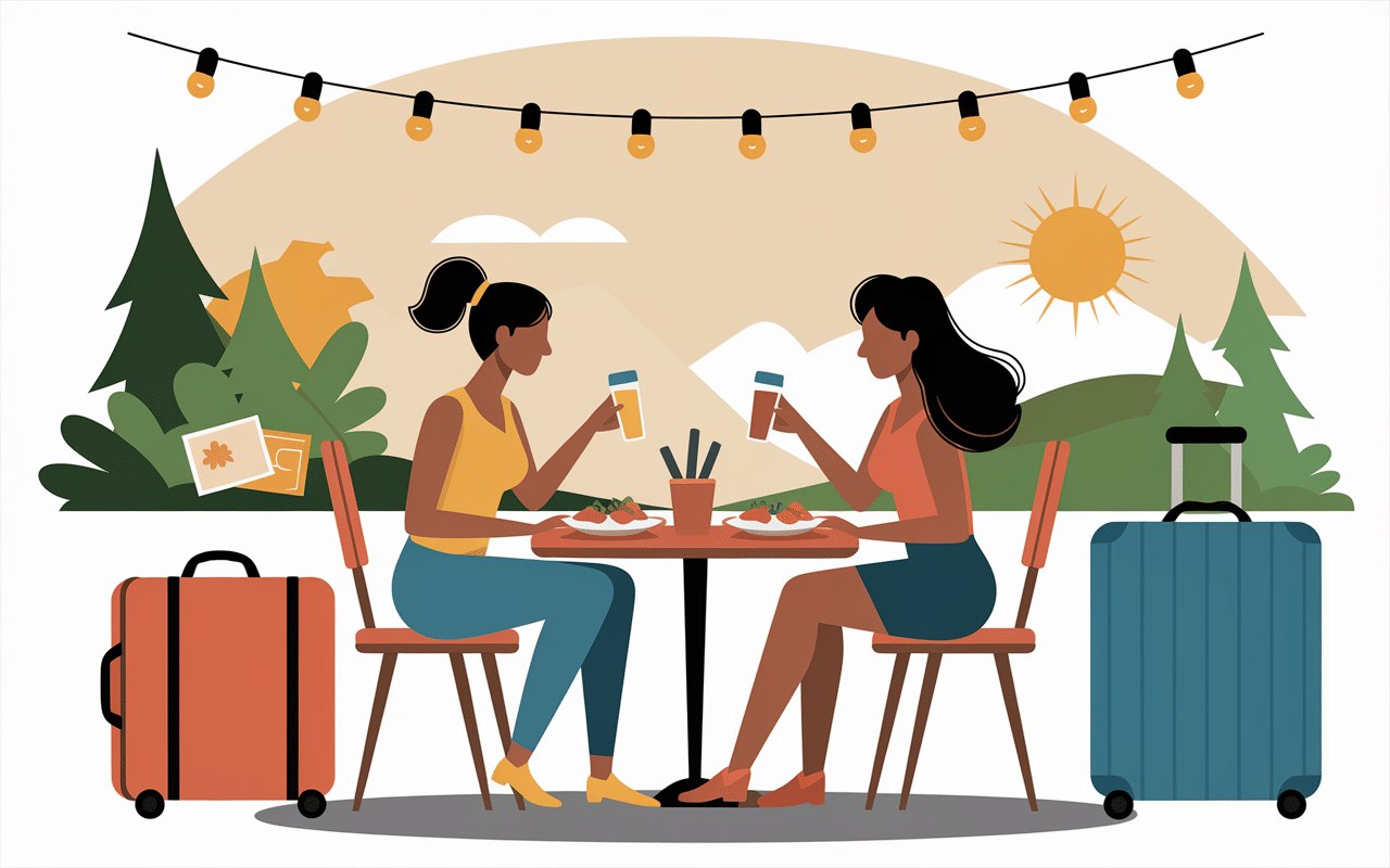 Copine de voyage femmes partageant repas local illustration