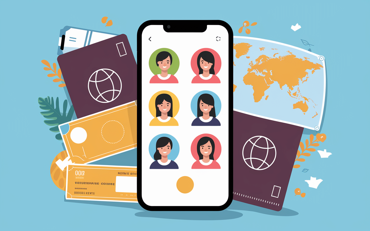 Copine de voyage profils voyageuses smartphone illustration