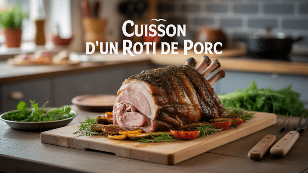 roti de porc dore et juteux avec herbes légumes et ustensiles