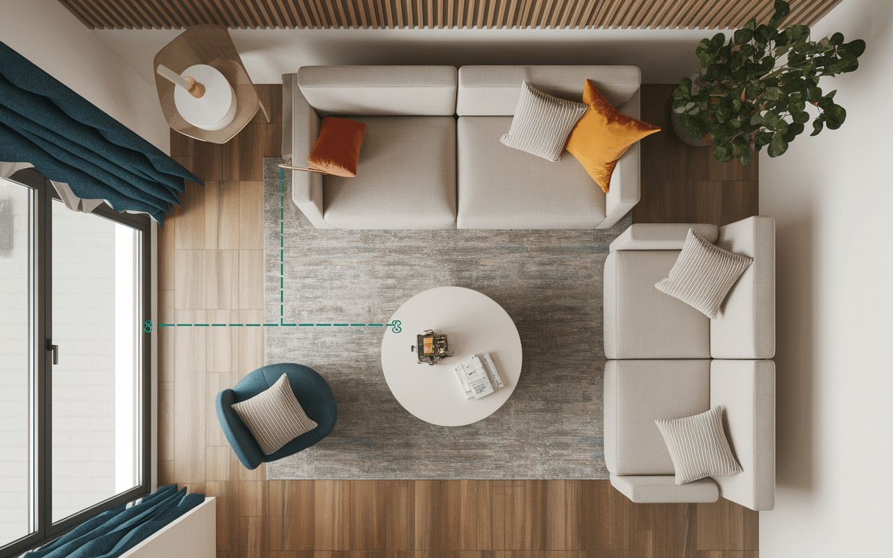 Schéma proportions et mesures table basse design dans salon