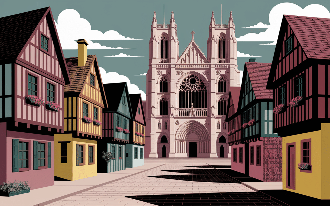 Place medievale avec maisons a colombages et cathedrale a Eauze