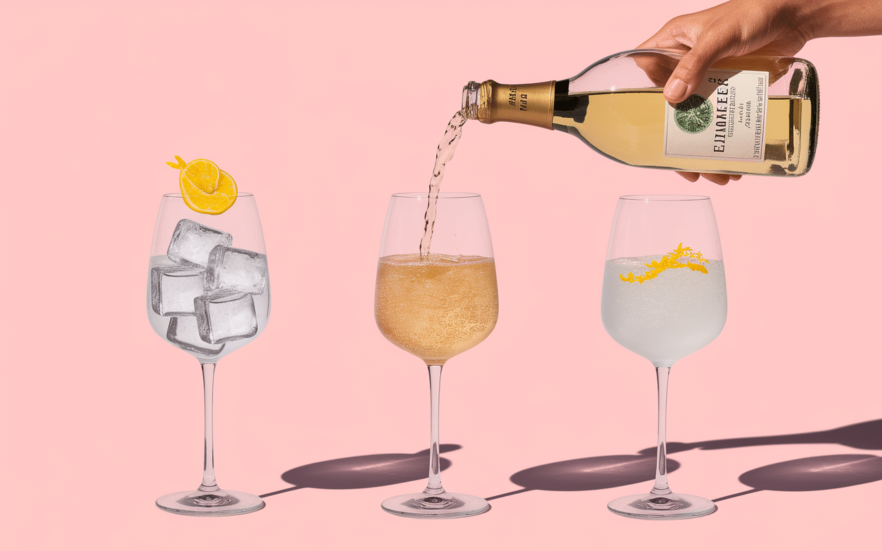 Préparation du spritz saint germain avec glaçons liqueur et garniture