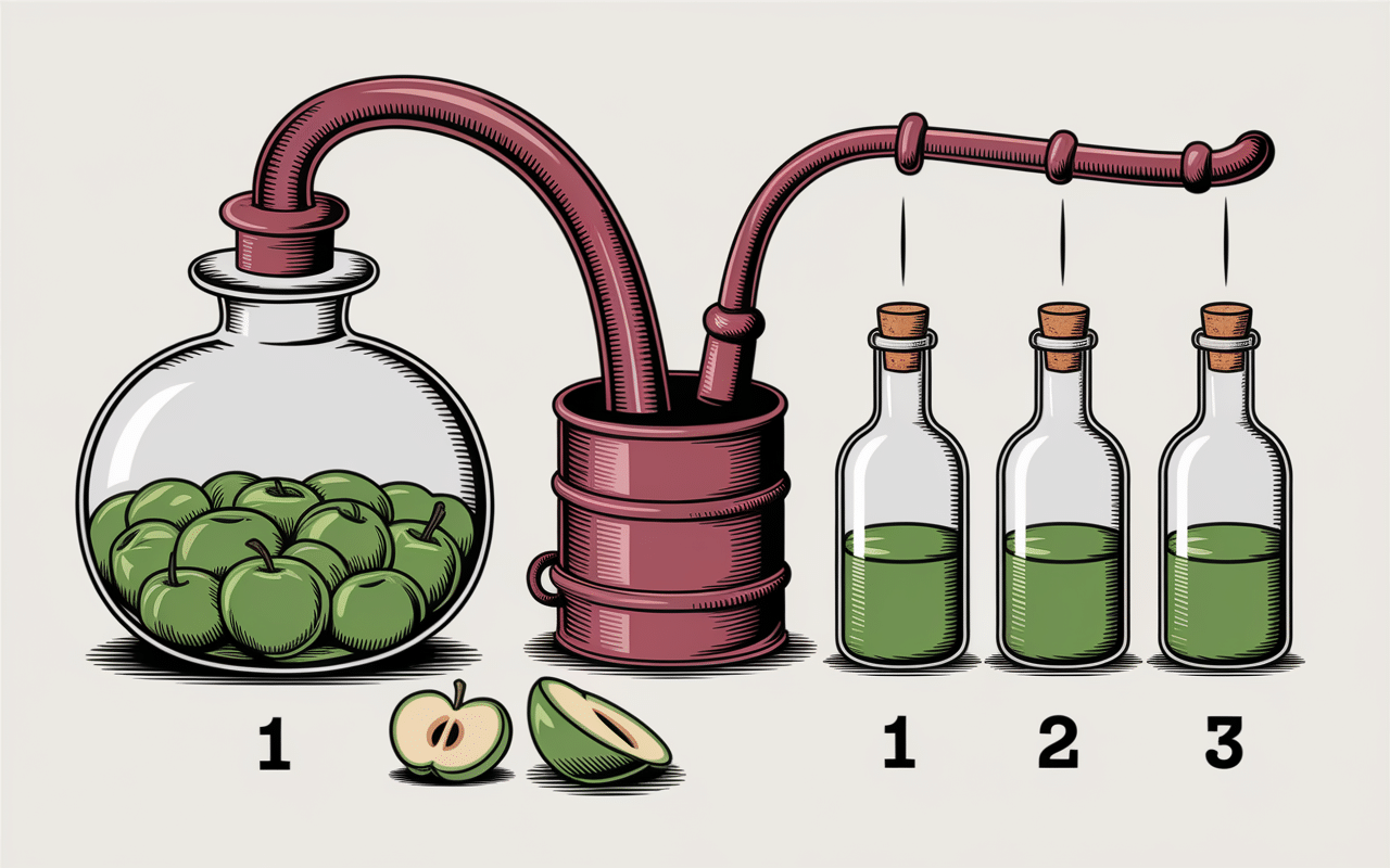 illustration processus fabrication manzana liqueur pommes et alambic