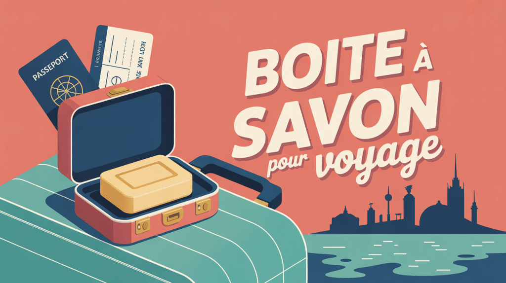 Boite à savon pour voyage élégante ouverte sur valise avec accessoires
