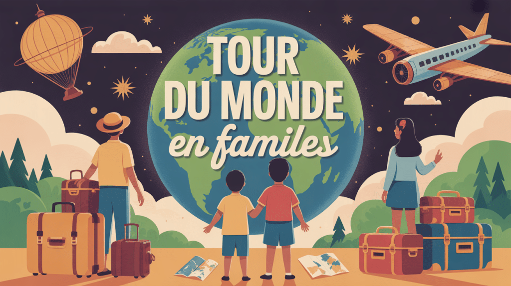Famille tour du monde regardant globe lumineux