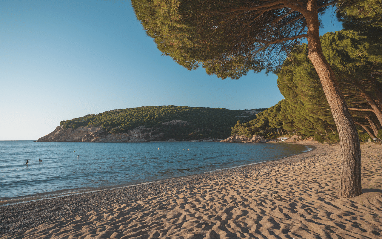 Plage du Liouquet calme sable galets pins