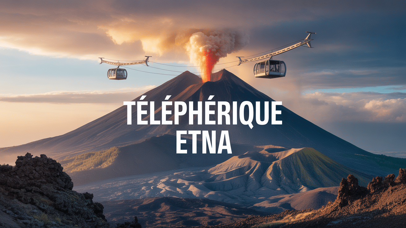 Vue panoramique téléphérique Etna sur volcan