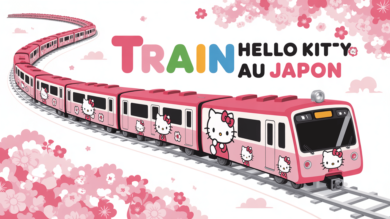 train hello kitty japon roulant devant cerisiers