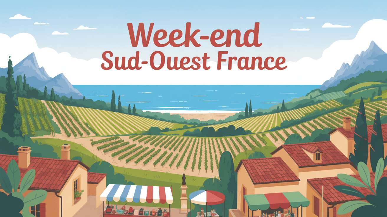 Paysage week end dans le sud ouest avec océan, vignoble et village