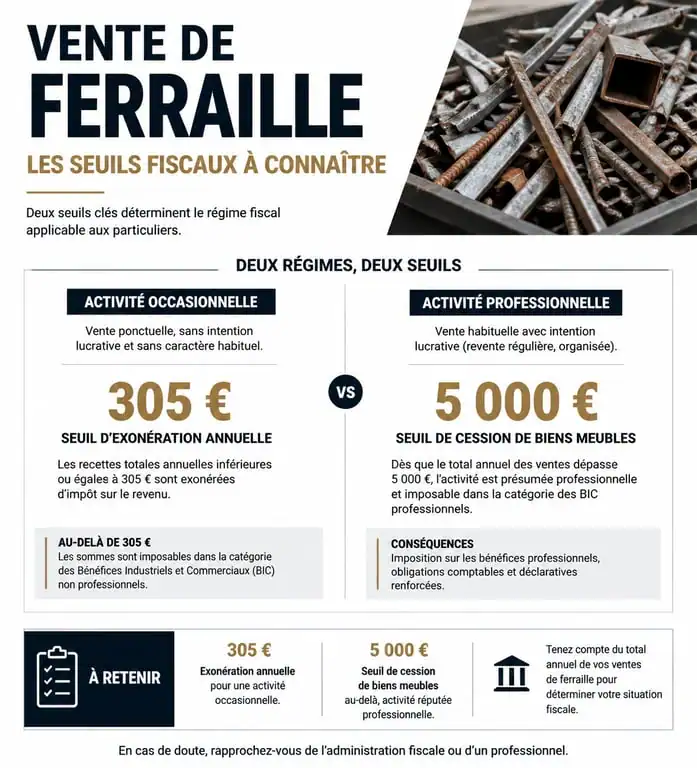 Infographie des seuils fiscaux pour la vente de ferraille par un particulier