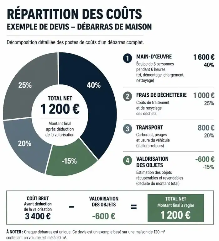 Infographie montrant la répartition des coûts d'un exemple de devis de débarras de maison