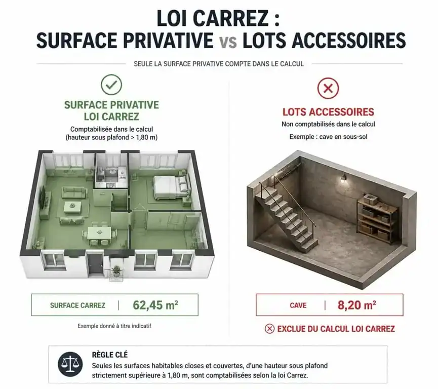 Schéma explicatif de la loi Carrez : inclusion de la surface habitable et exclusion de la cave
