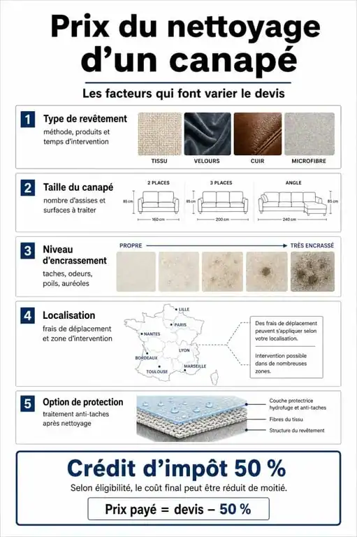 Infographie des facteurs influençant le prix du nettoyage de canapé et aides fiscales