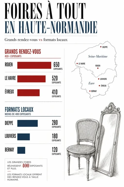 Foire a tout en haute normandie : comparaison visuelle des grands rendez-vous selon le nombre d’exposants et le profil de visite