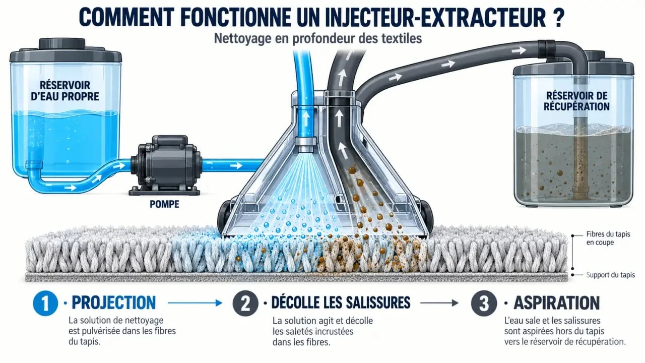 Schéma du fonctionnement d’un injecteur extracteur nettoyage avec injection de solution et aspiration de l’eau sale