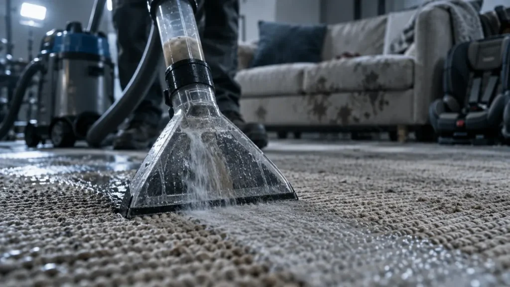 Injecteur extracteur nettoyage : tapis et moquettes humides, eau sale récupérée