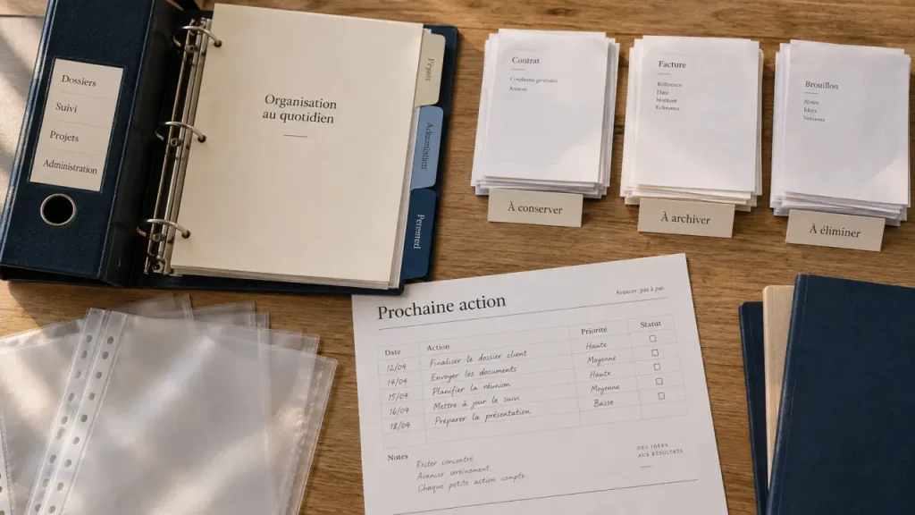 Organisation classeur : intercalaires et documents triés dans un classeur à anneaux